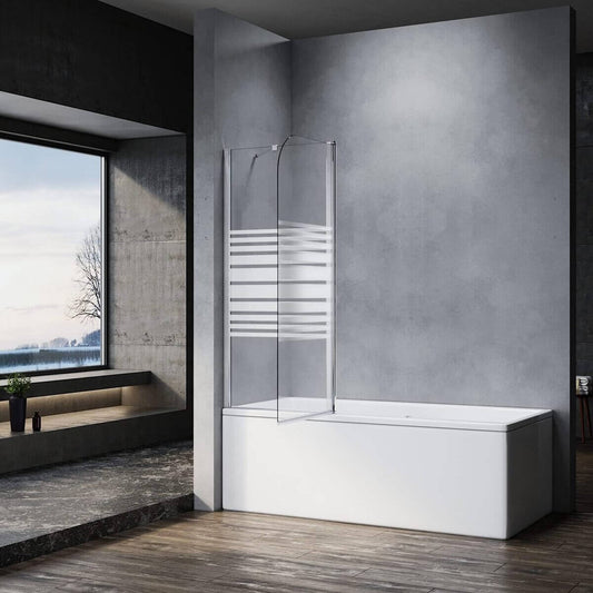 SONNI Mampara Bañera Abatible Serigrafiada 180°Cristal Templado 120x140cm, con Estabilizador y Perfil Aluminio