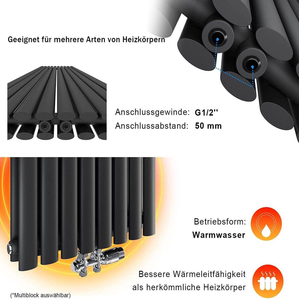 SONNI Radiador vertical antracita 1800 x 236 mm con multibloque, diseño termostático, cromo, una sola pieza, radiador tubular de baño, conexión central una/doble capa Sí y No Multibloque