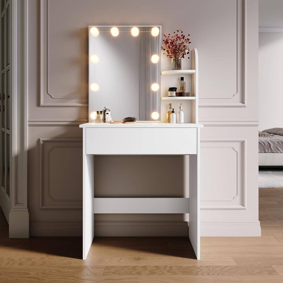 SONNI Tocador,Espejo y LED Regulable,Mesa Tocadores Maquillaje Moderno Blanco Dormitorio 10 Bombillas,70x40x140CM