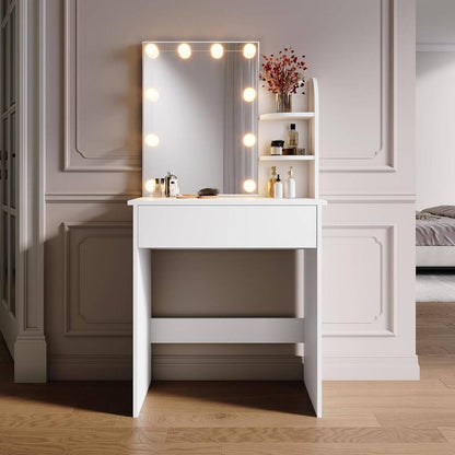 SONNI Tocador,Espejo y LED Regulable,Mesa Tocadores Maquillaje Moderno Blanco Dormitorio 10 Bombillas,70x40x140CM
