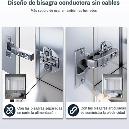 SONNI Armario Espejo Baño con Luz 105 x 65 cm Bisagra Conductora Interruptor Táctil 3 Puertas,Espejo de Baño con Armario y LED,Acero Inoxidable Enchufe para Afeitadora 5 Estantes