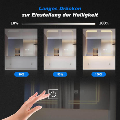 SONNI Armario con espejo con iluminación, 3 colores de luz ajustables y antivaho, 2 puertas, con zona de desarrollo y enchufe, 60 x 75 cm, color blanco