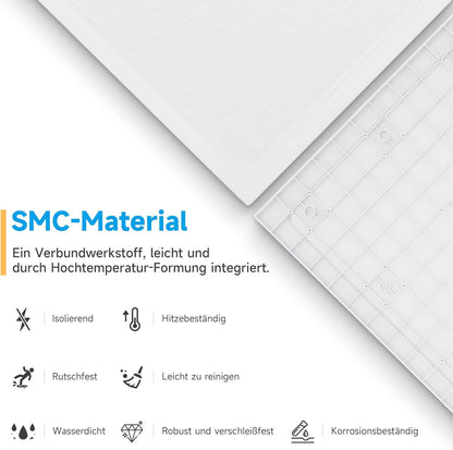 SONNI Plato de ducha cuadrado de con diseño plano, plato de ducha antideslizante, material SMC, drenaje central, incluye desagüe