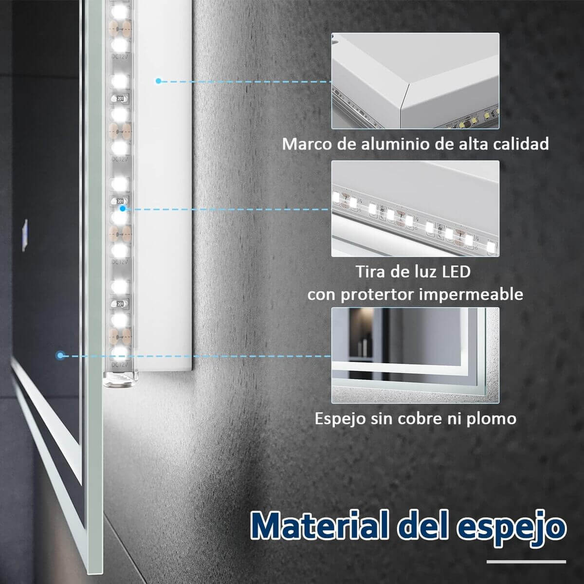 SONNI Espejo Baño con Luz Bluetooth 5.0 y Antivaho 120x70 cm Espejo de Baño con Luz LED Interruptor Táctil,con Reloj/Indicador de Temperatura,IP65