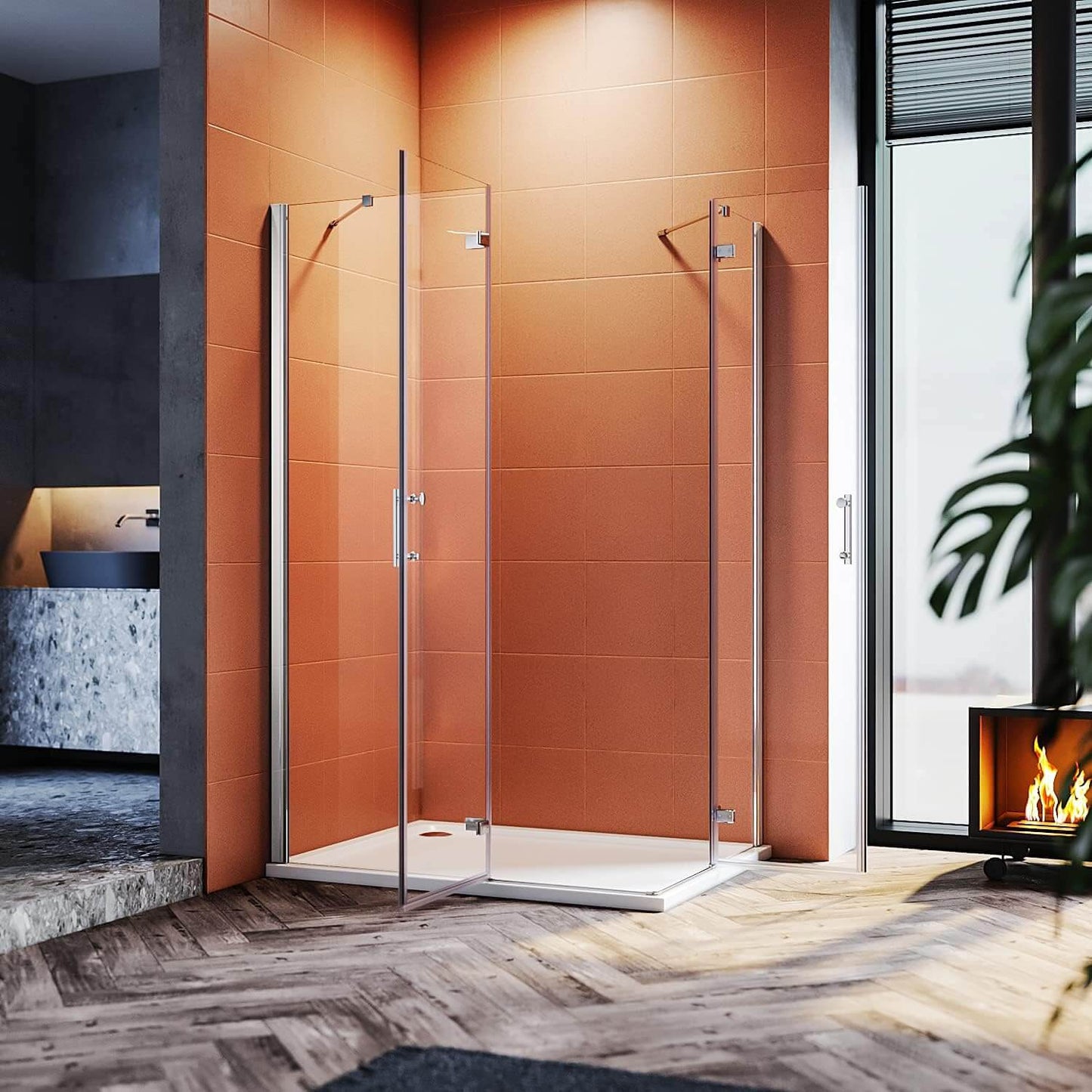 SONNI Cabina de ducha con bisagras, entrada esquina, mampara de ducha con barra sin marcosin plato de ducha