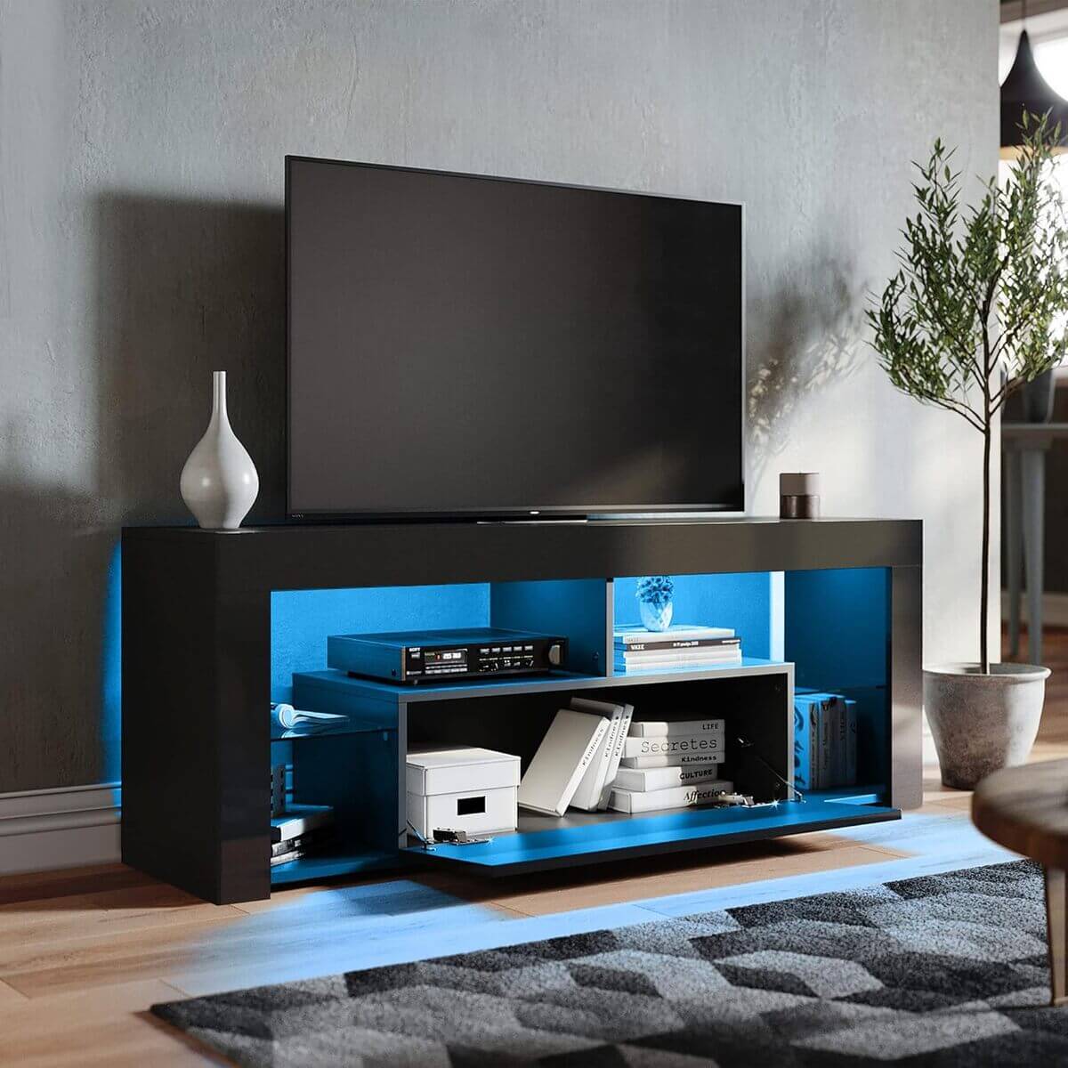 SONNI Mueble TV con Luz LED Ajustable de 12 Colores Sálon Negro con Mando a Distancia, Mesa TV Madera con Estantes Cristal 140 CM