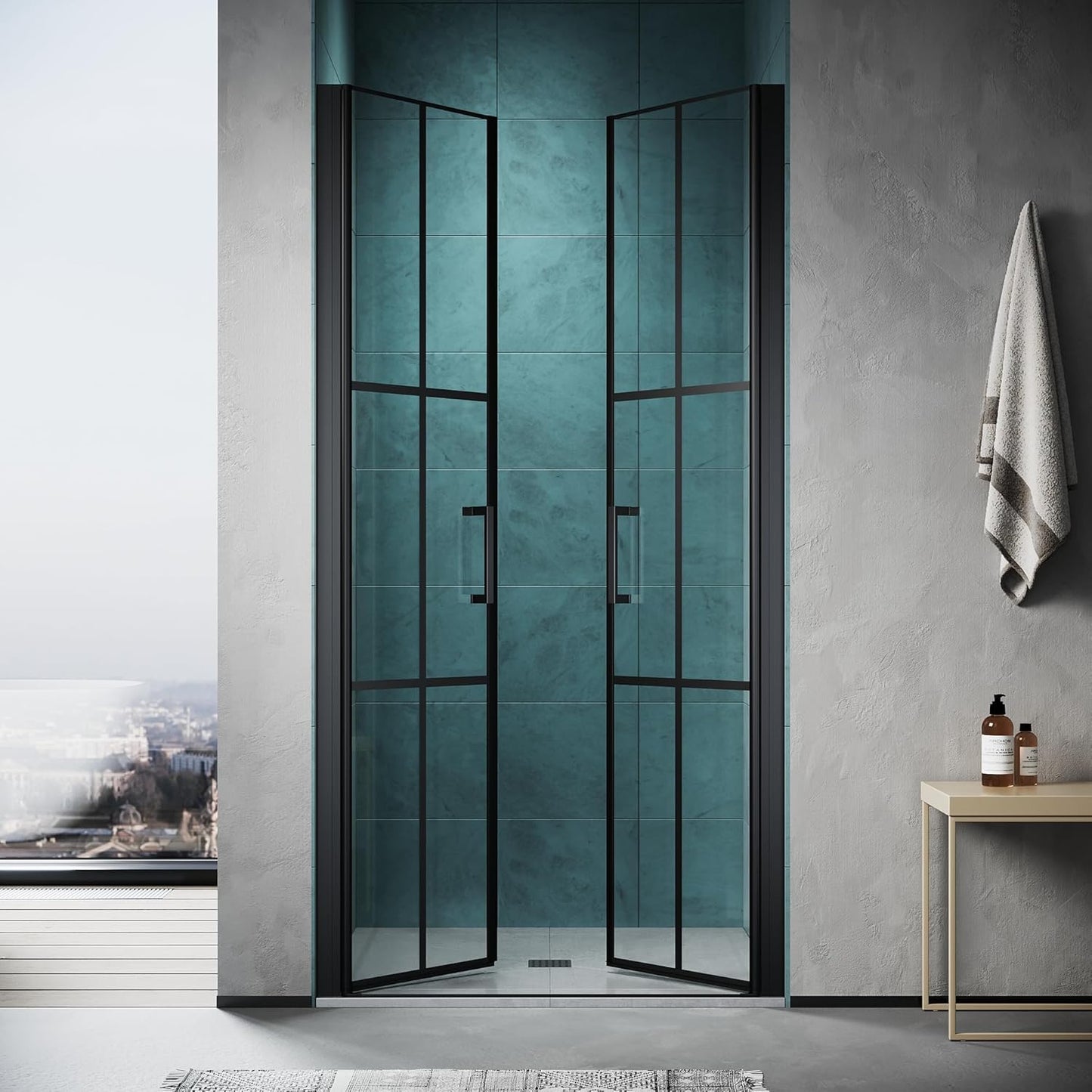 SONNI Puerta de ducha cristal templado, doble puerta corredera de cristal templado, rejilla negra mate, nanorecubrimiento de una cara, barra de sellado magnética