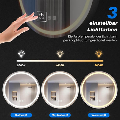 SONNI Armario con espejo de baño con iluminación, 3 colores de luz ajustables, sin vaho, redondo, armario con espejo, armario con enchufe, armario de baño con espejo y estante, 60 cm, color gris