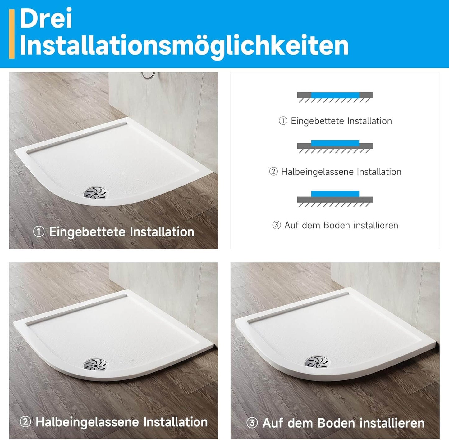 SONNI Plato de ducha ovalado de perfil bajo, con radio de 550 mm, extraplano, SMC, incluye desagüe