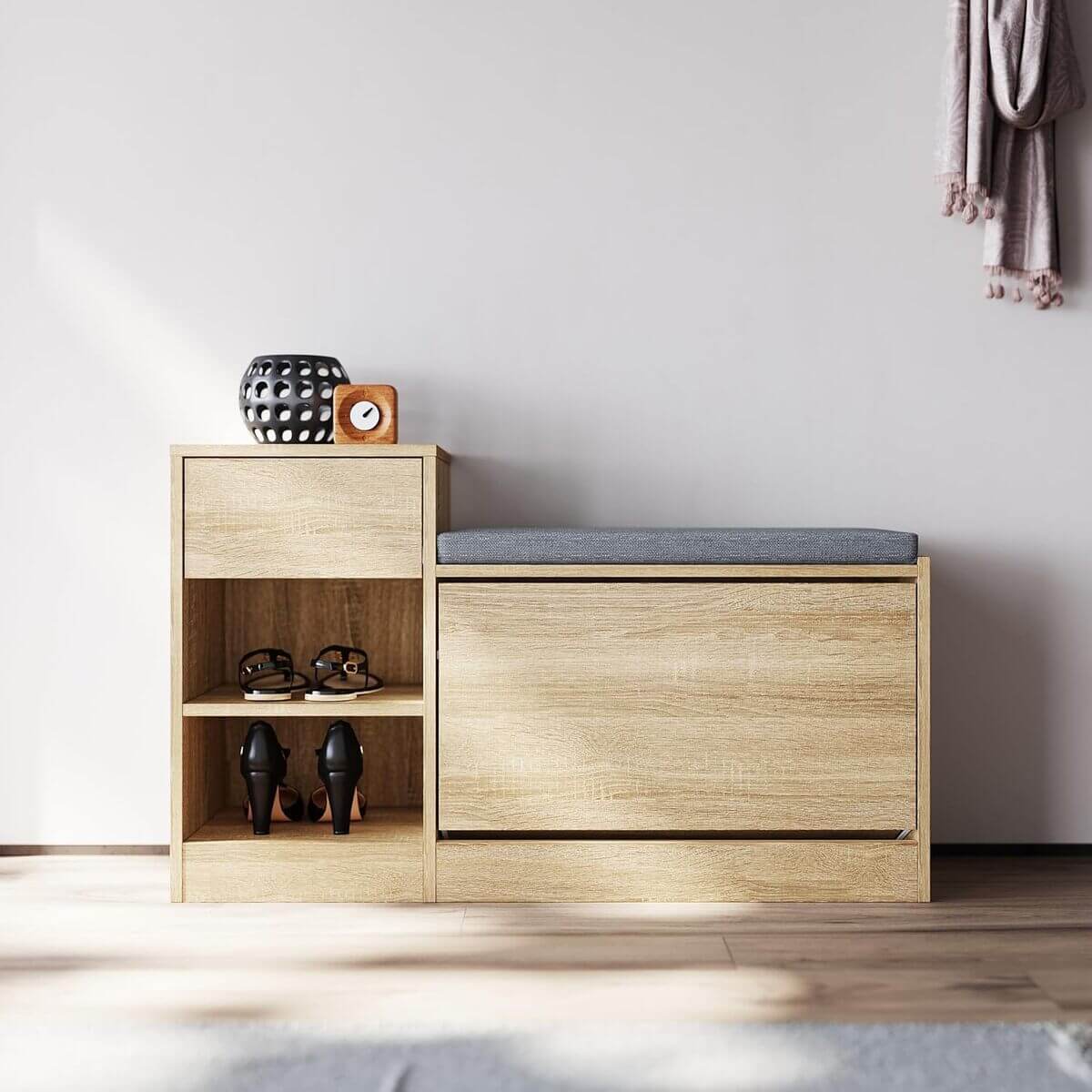 SONNI Banco Zapatero con Asiento Mueble Zapatero Entrada Recibidor Madera Moderno 94.5x30x57cm