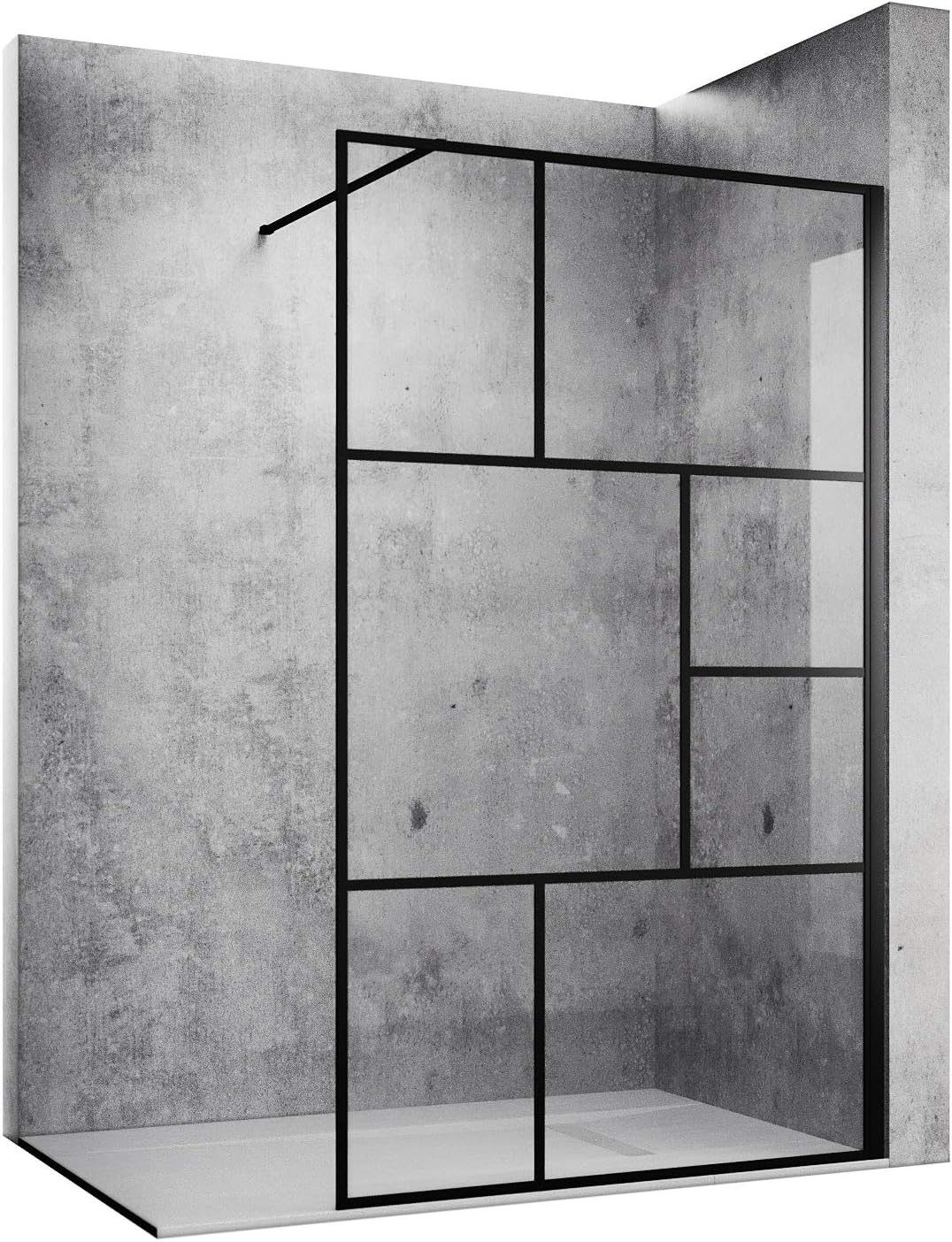 SONNI Mampara de ducha de color negro diseño de Walk In de 8 mm, cristal de seguridad, ESG con estabilizador, montaje en tazas de ducha o suelo