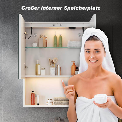 SONNI Armario con espejo con iluminación, 3 colores de luz ajustables y antivaho, 2 puertas, con zona de desarrollo y enchufe, 60 x 75 cm, color blanco