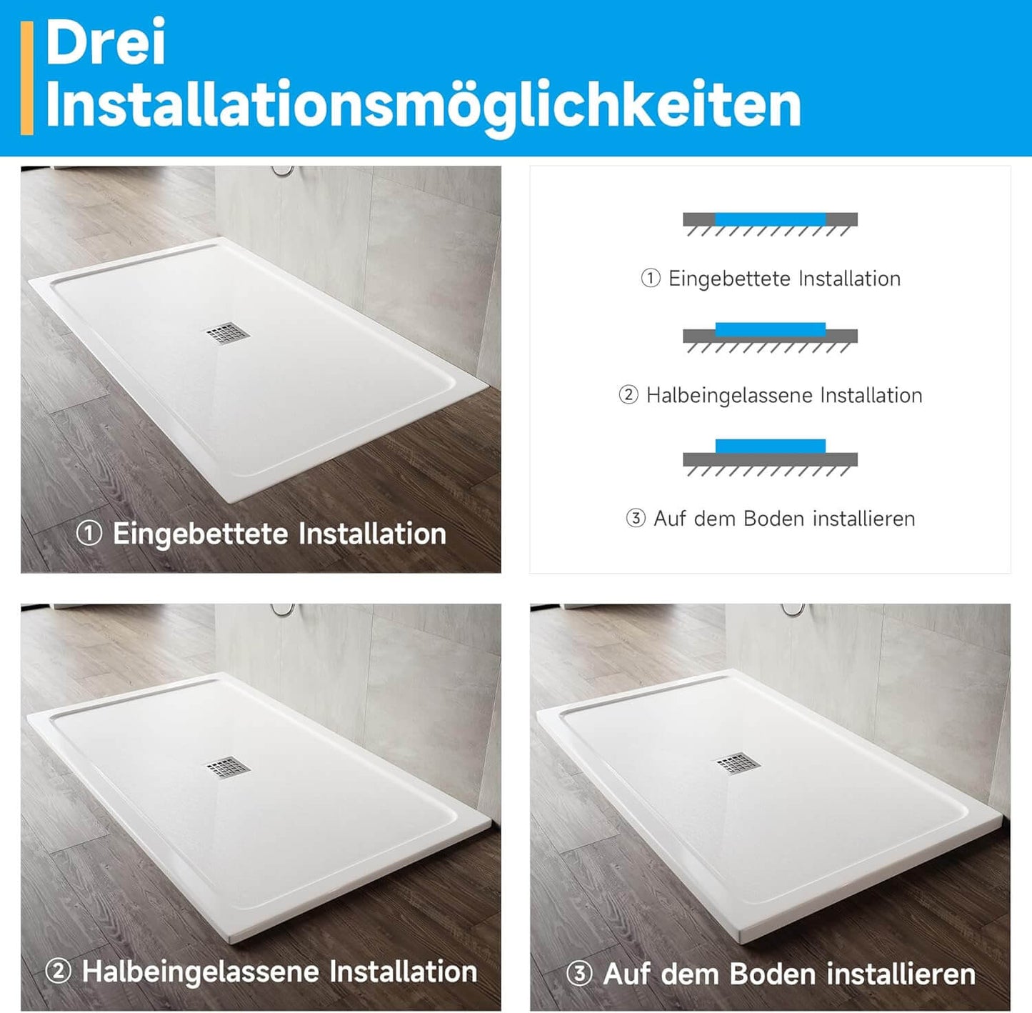 SONNI Plato de ducha cuadrado de con diseño plano, plato de ducha antideslizante, material SMC, drenaje central, incluye desagüe