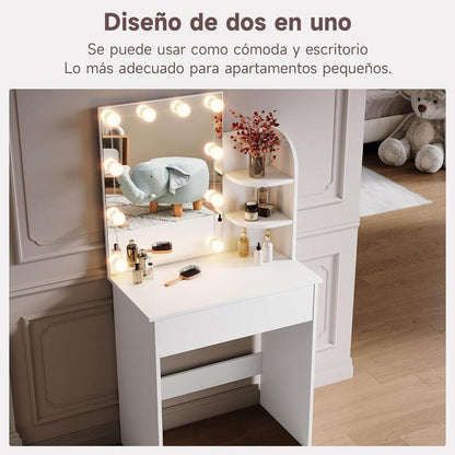 SONNI Tocador,Espejo y LED Regulable,Mesa Tocadores Maquillaje Moderno Blanco Dormitorio 10 Bombillas,70x40x140CM