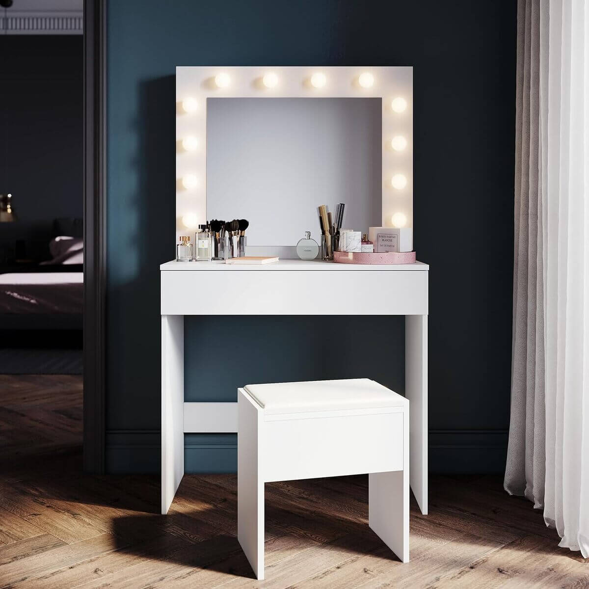 SONNI Tocador, 12 Luces LED con Brillo Ajustable, 1 Cajones Grandes y Taburete, Estilo Moderno, 80x40x140cm-Blanco