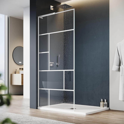 SONNI Mampara de ducha de marco blanco, acero inoxidable, soporte en forma de L, ancho ajustable, 6 mm, vidrio templado nano, montaje a izquierda o derecha