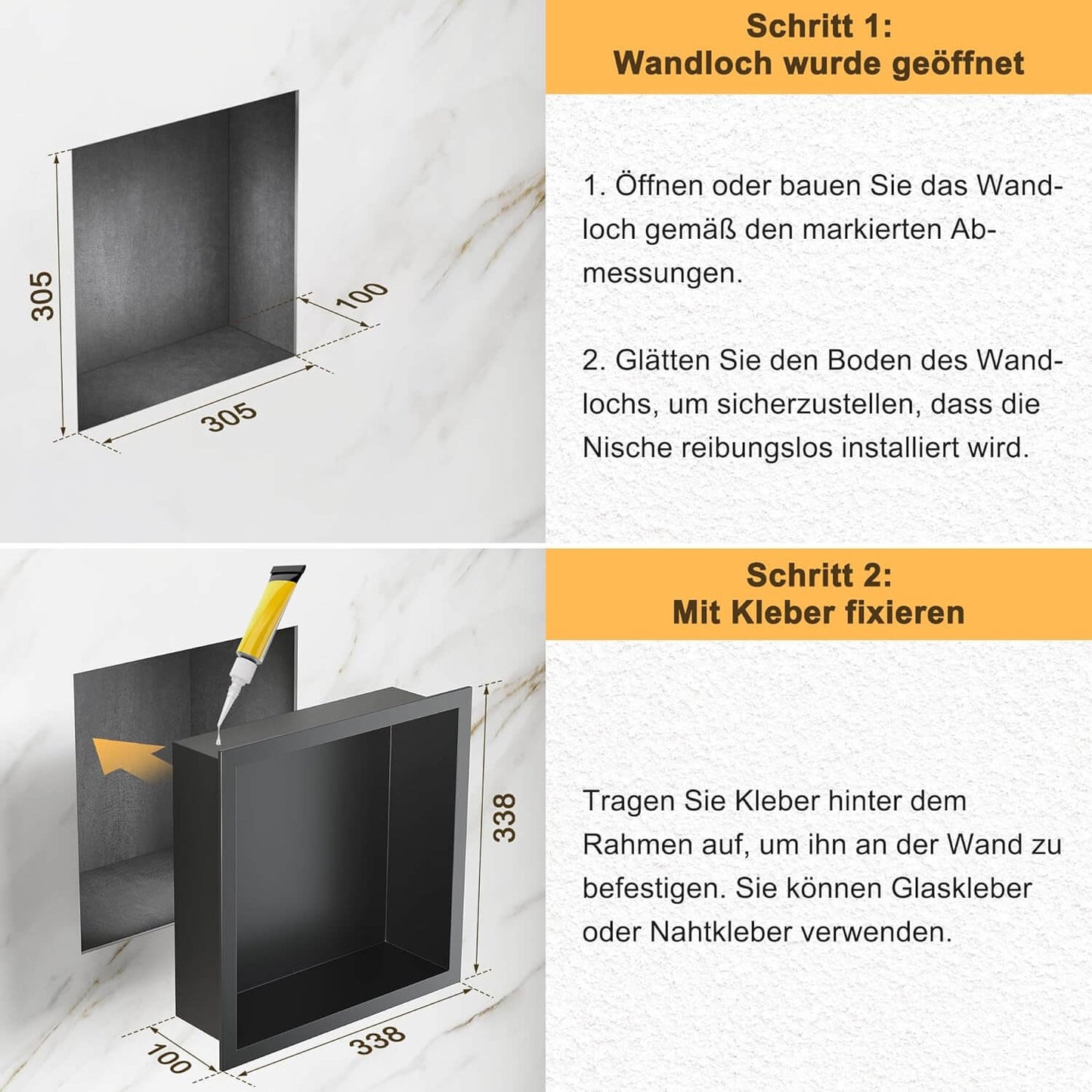 SONNI Ducha de pared de acero inoxidable, nicho de ducha integrado, estante individual almacenamiento para baño, resistente al agua, no requiere azulejos