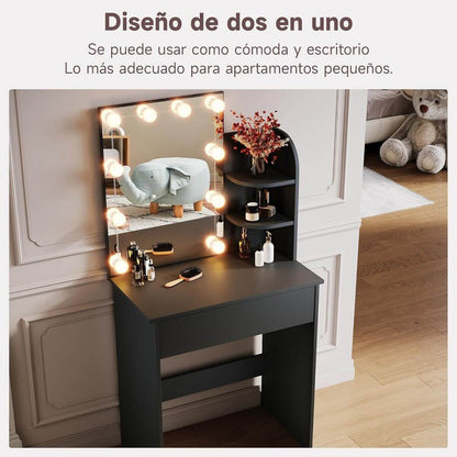 SONNI Tocador,Espejo y LED Regulable,Mesa Tocadores Maquillaje Moderno Dormitorio 10 Bombillas,Nero-70x40x140CM