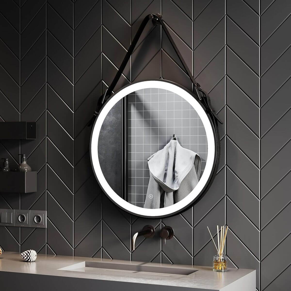 SONNI Espejo Baño con Luz Redondo 60 x 60 cm Espejo Baño LED Pared Antivaho Negro Interruptor Táctil con Cuerda Ajustable