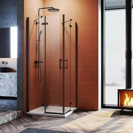 Sonni Cabina de ducha de color negro, 195 cm de altura, con puertas de péndulo de 6 mm, cristal Nano Esg, puerta con bisagras, sin marco