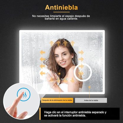 SONNI Espejo de Baño LED 100 x 60 cm Espejo de Baño con Iluminación Blanco Frío 6400 k Espejo con Interruptor Táctil Temperatura del Reloj del Espejo Montado en La Pared 3 Veces Amplificada