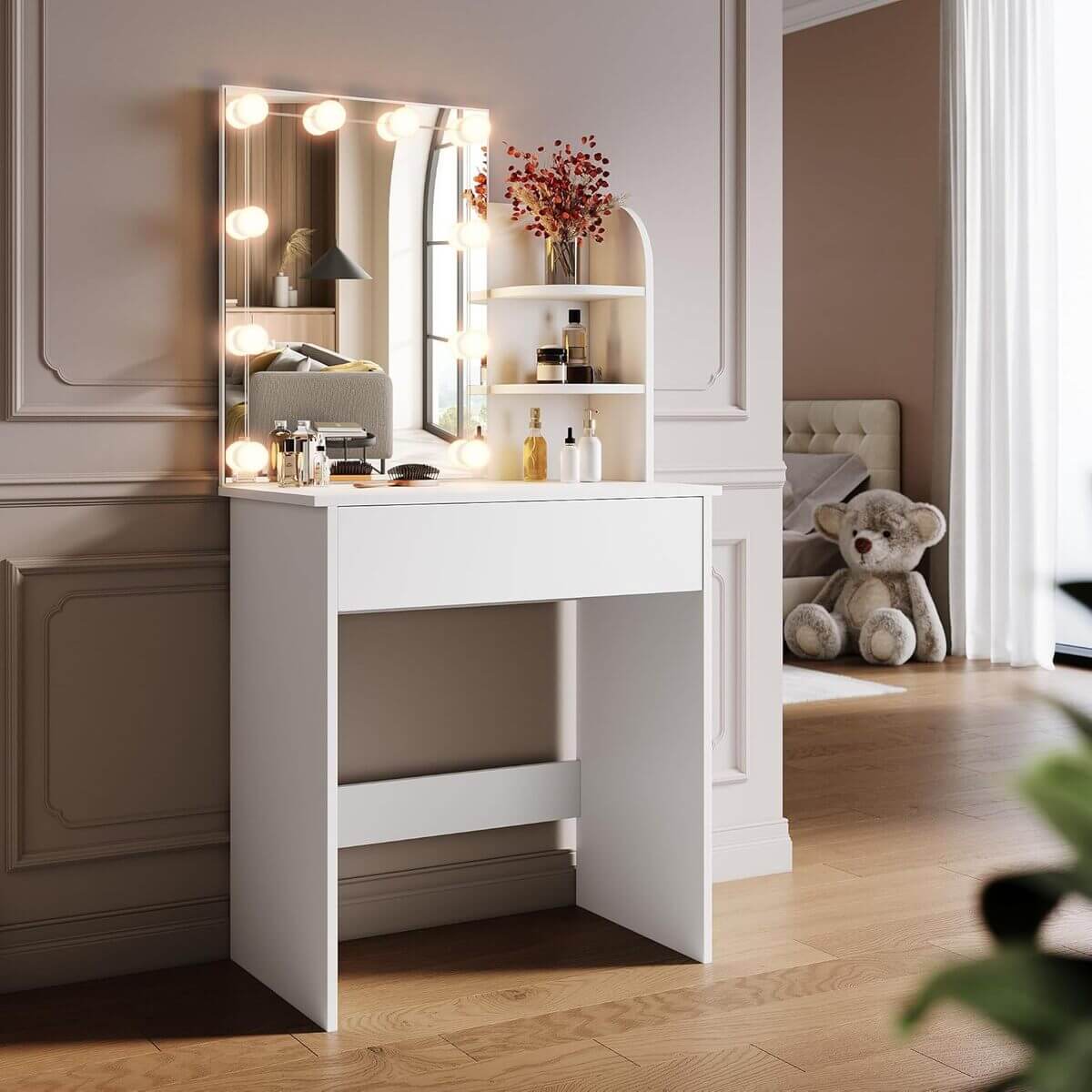 SONNI Tocador,Espejo y LED Regulable,Mesa Tocadores Maquillaje Moderno Blanco Dormitorio 10 Bombillas,70x40x140CM