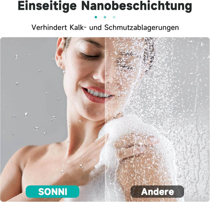 SONNI Puerta de ducha cristal templado, doble puerta corredera de cristal templado, rejilla negra mate, nanorecubrimiento de una cara, barra de sellado magnética