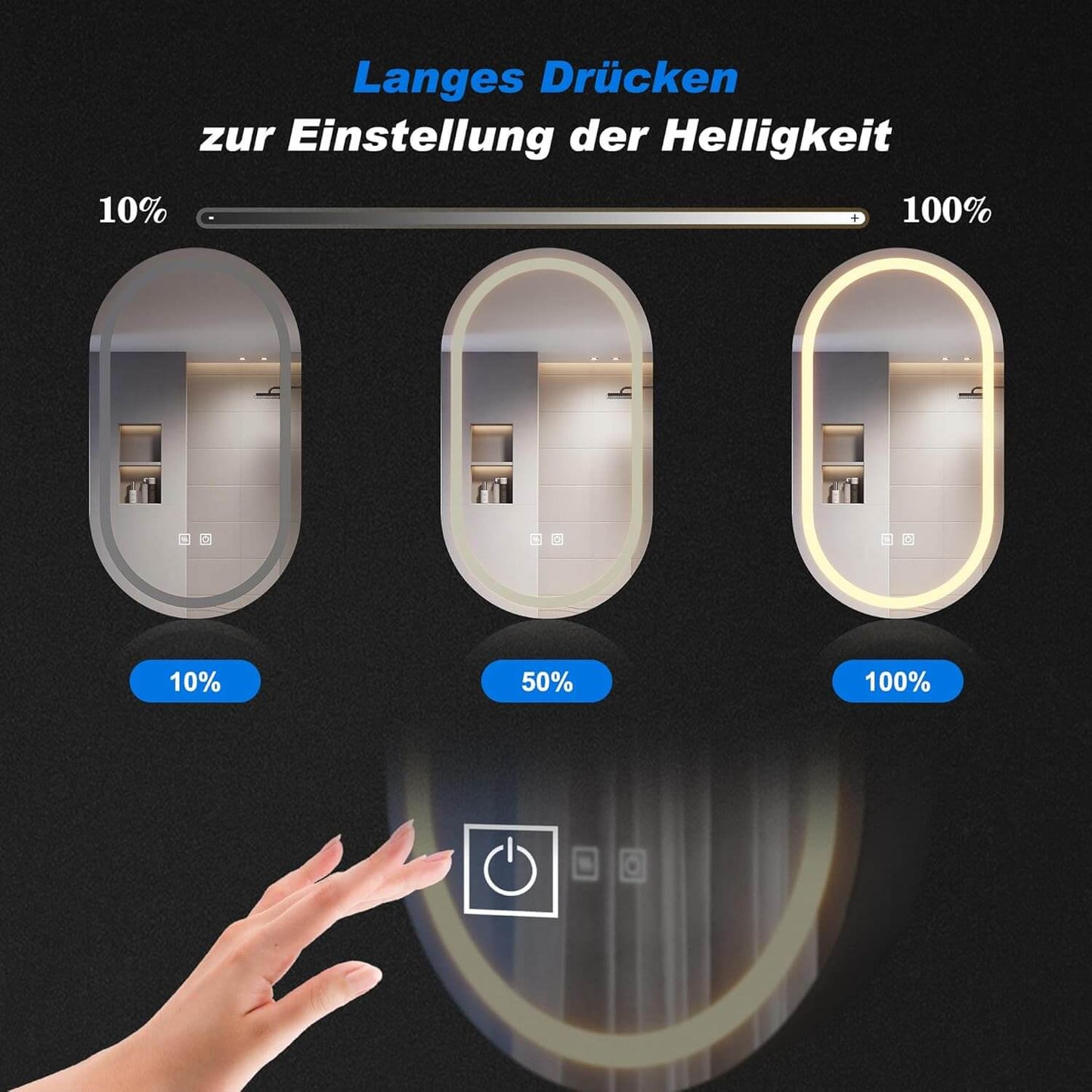 SONNI Armario con espejo para baño con iluminación y enchufe, armario con espejo LED con interruptor táctil, regulable, 3 colores de luz ajustables, sin vaho, ovalado, 40 x 70 cm, negro mate