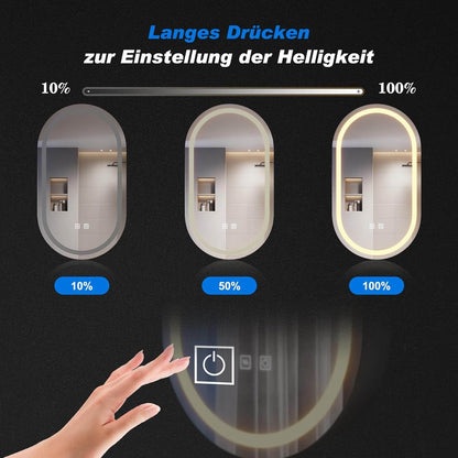 SONNI Armario con espejo para baño con iluminación y enchufe, armario con espejo LED con interruptor táctil, regulable, 3 colores de luz ajustables, sin vaho, ovalado, 40 x 70 cm, negro mate