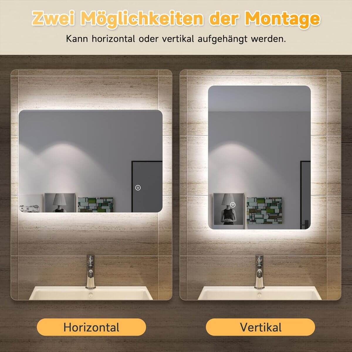 SONNI Espejo de Baño con Luz LED con Interruptor Tátil 70x50 cm Blanco Frío IP44 Espejo de Pared de Ahorro de Energía