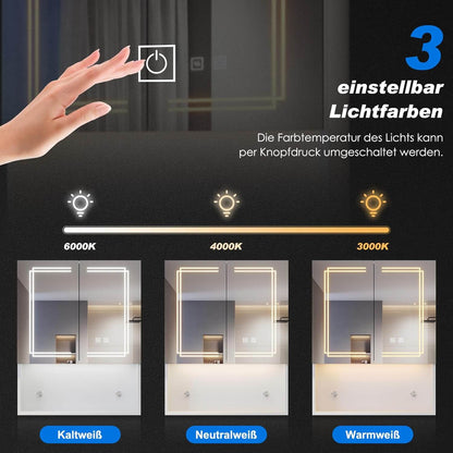 SONNI Armario con espejo con iluminación, 3 colores de luz ajustables y antivaho, 2 puertas, con zona de desarrollo y enchufe, 60 x 75 cm, color blanco