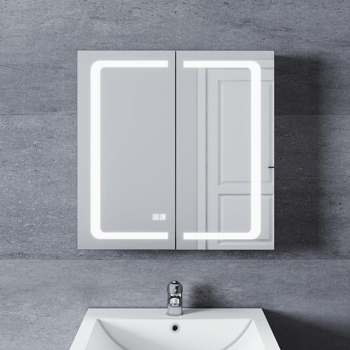 SONNI Armario Espejo Baño con Luz 65 x 65 cm Bisagra Conductora Antivaho,Interruptor Táctil,2 Puertas,Espejo de Baño con Armario y LED,Aluminio y Enchufe para Afeitadora
