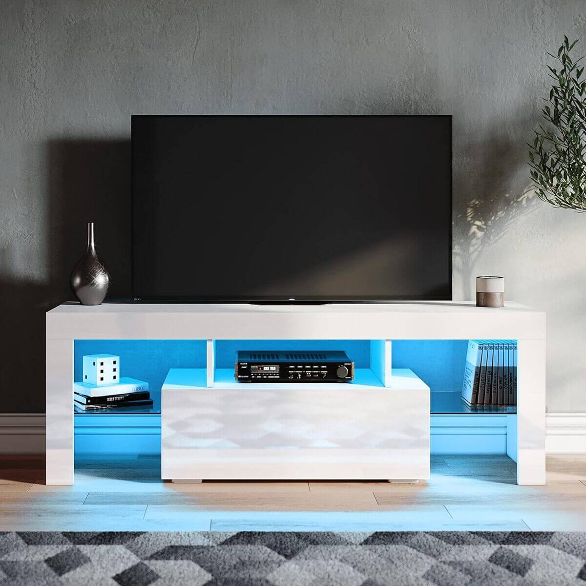 SONNI Mueble TV Blanco con Luz LED Ajustable de 12 Colores con Mando a Distancia, Mesa TV Sálon Madera con Estantes Cristal 130 CM