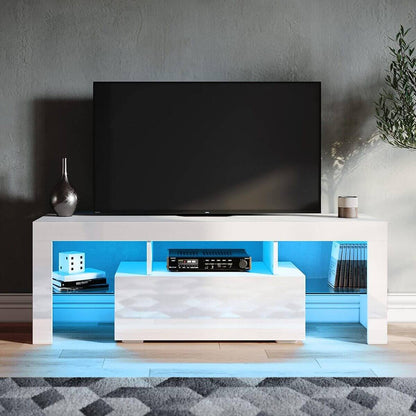 SONNI Mueble TV Blanco con Luz LED Ajustable de 12 Colores con Mando a Distancia, Mesa TV Sálon Madera con Estantes Cristal 130 CM