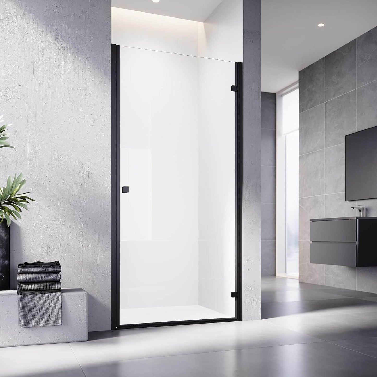 SONNI Puerta de ducha Puerta de ducha Puerta de ducha Negro 6 mm Vidrio templado Barra de protección al agua Atracción magnética