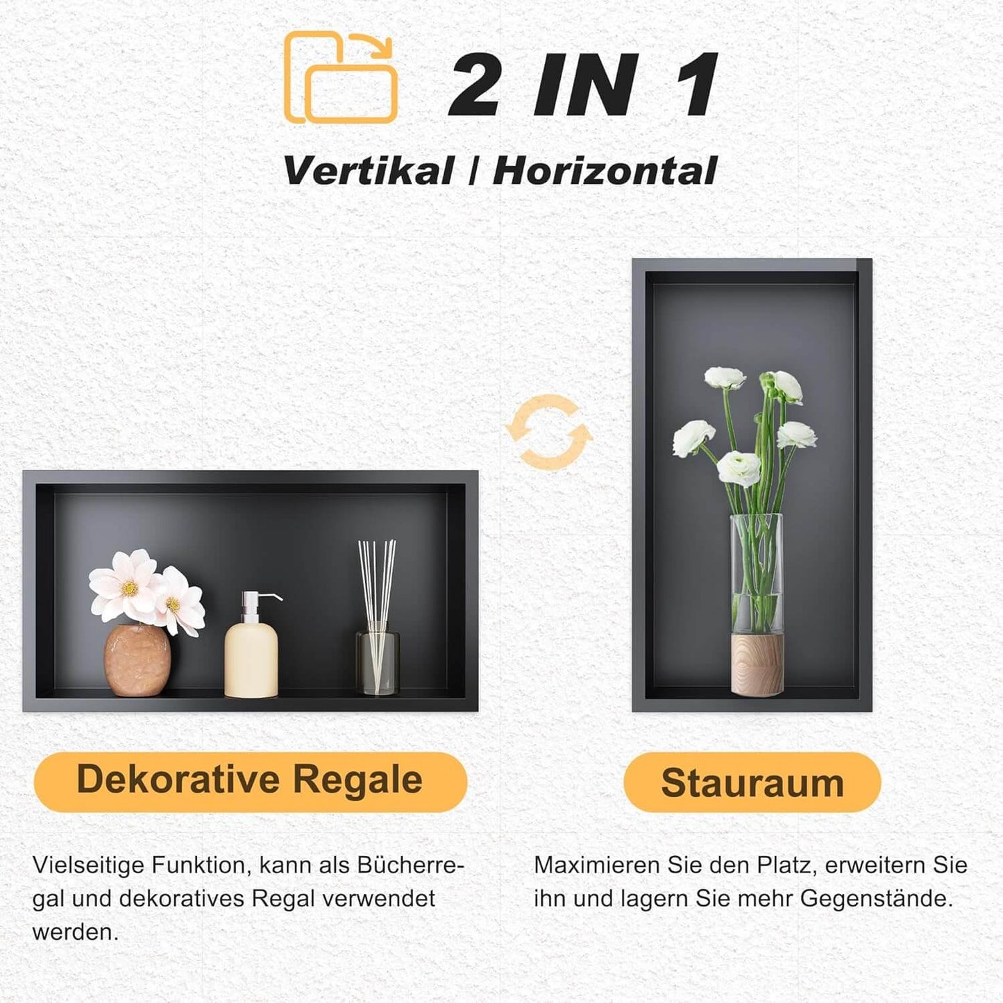 SONNI Ducha de pared de acero inoxidable, nicho de ducha integrado, estante individual almacenamiento para baño, resistente al agua, no requiere azulejos