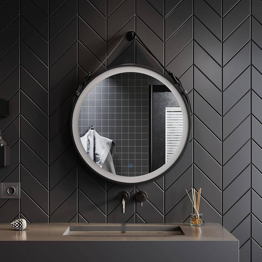 SONNI Espejo Baño con Luz Redondo 60 x 60 cm Espejo Baño LED Pared Antivaho Negro Interruptor Táctil con Cuerda Ajustable