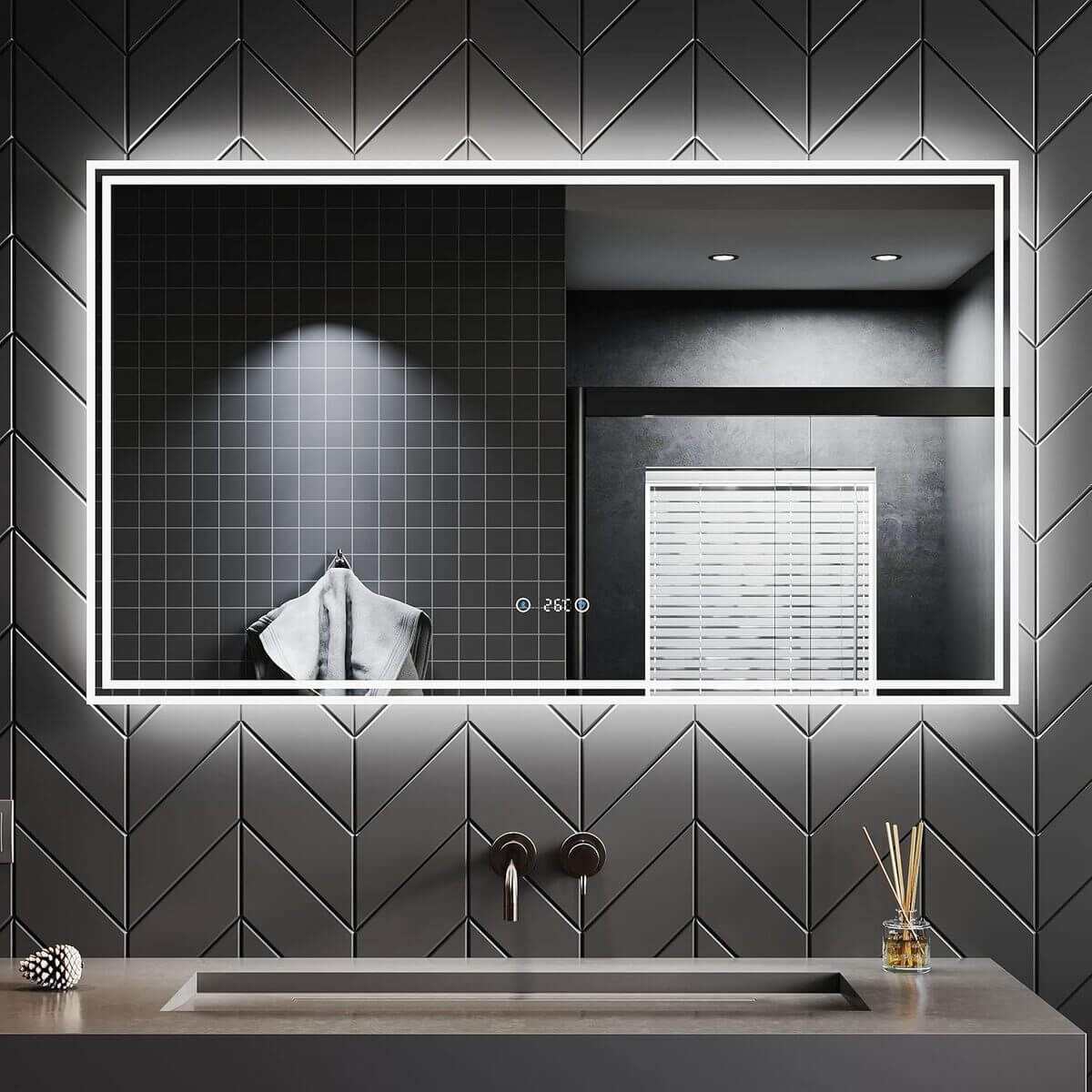 SONNI Espejo Baño con Luz Bluetooth 5.0 y Antivaho 120x70 cm Espejo de Baño con Luz LED Interruptor Táctil,con Reloj/Indicador de Temperatura,IP65