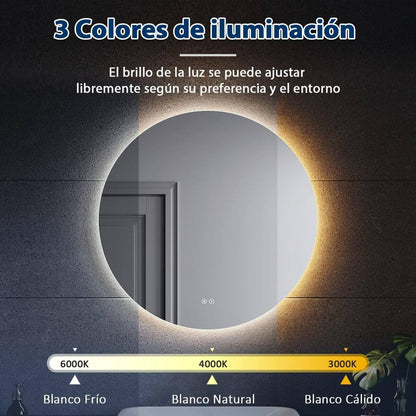 SONNI Espejo Baño con Luz Regulable 3 Colores Antivaho 60x60/ 80x80 cm Espejo Baño LED Redondo Pared con Interruptor Táctil IP65