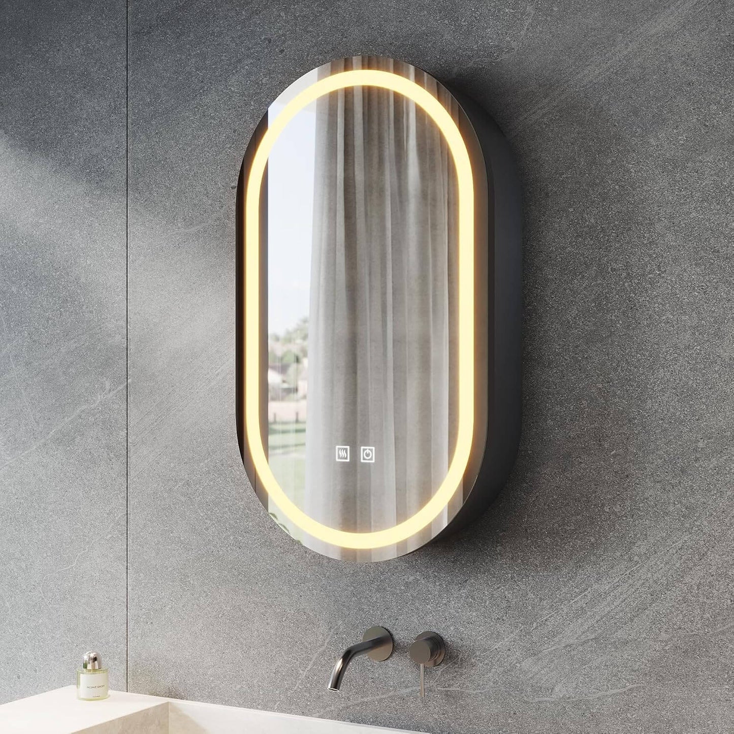 SONNI Armario con espejo para baño con iluminación y enchufe, armario con espejo LED con interruptor táctil, regulable, 3 colores de luz ajustables, sin vaho, ovalado, 40 x 70 cm, negro mate
