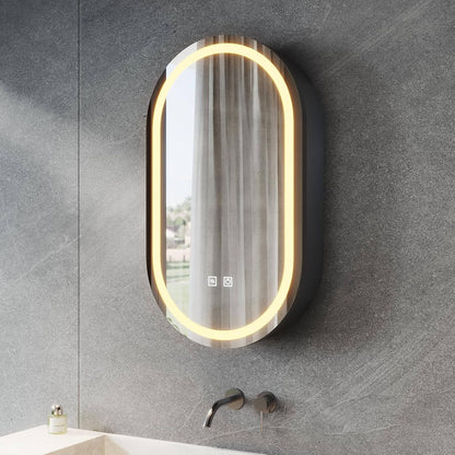 SONNI Armario con espejo para baño con iluminación y enchufe, armario con espejo LED con interruptor táctil, regulable, 3 colores de luz ajustables, sin vaho, ovalado, 40 x 70 cm, negro mate