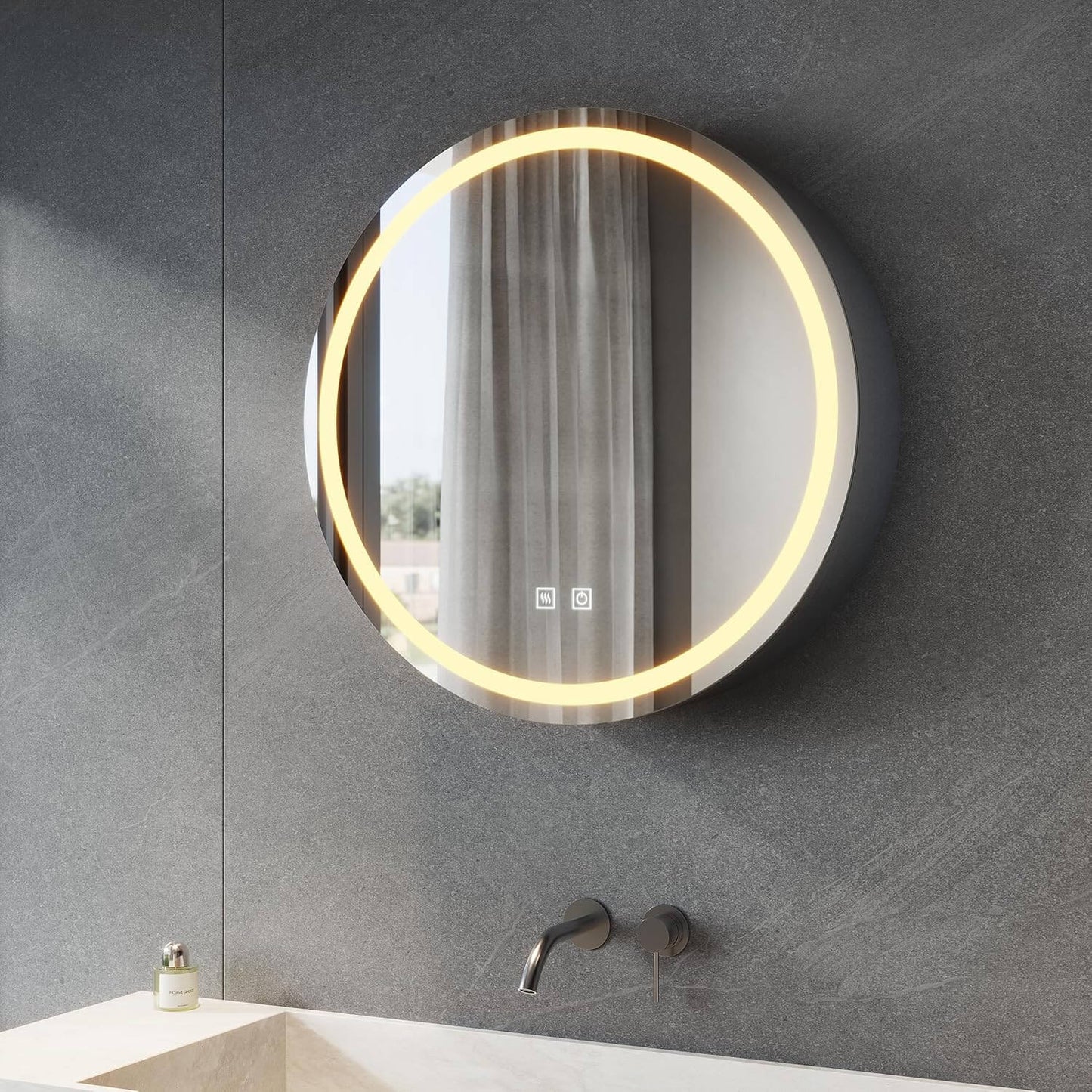 SONNI Armario con espejo de baño con iluminación, 3 colores de luz ajustables, sin vaho, redondo, armario con espejo, armario con enchufe, armario de baño con espejo y estante, 60 cm, color gris