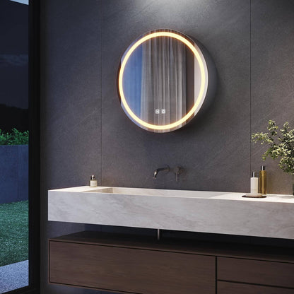 SONNI Armario con espejo de baño con iluminación, 3 colores de luz ajustables, sin vaho, redondo, armario con espejo, armario con enchufe, armario de baño con espejo y estante, 60 cm, color gris