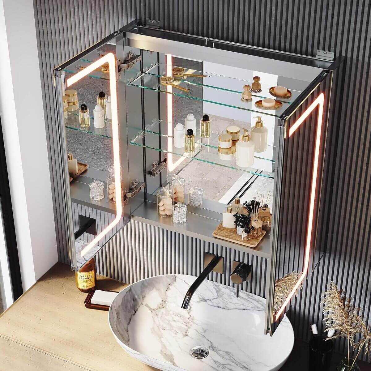 SONNI Armario Espejo Baño con Luz 65 x 65 cm Bisagra Conductora Antivaho,Interruptor Táctil,2 Puertas,Espejo de Baño con Armario y LED,Aluminio y Enchufe para Afeitadora