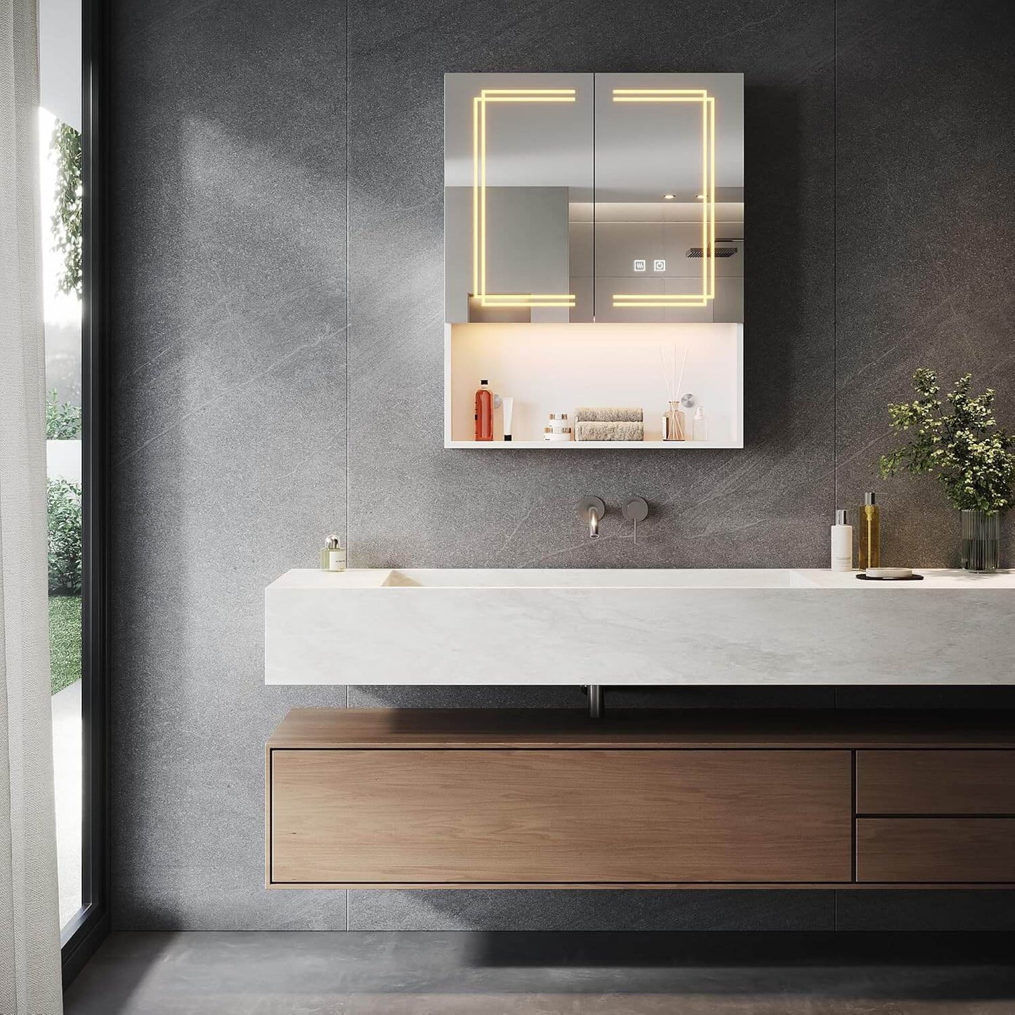 SONNI Armario con espejo con iluminación, 3 colores de luz ajustables y antivaho, 2 puertas, con zona de desarrollo y enchufe, 60 x 75 cm, color blanco