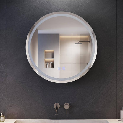 SONNI Armario con espejo de baño con iluminación, 3 colores de luz ajustables, sin vaho, redondo, armario con espejo, armario con enchufe, armario de baño con espejo y estante, 60 cm, color gris