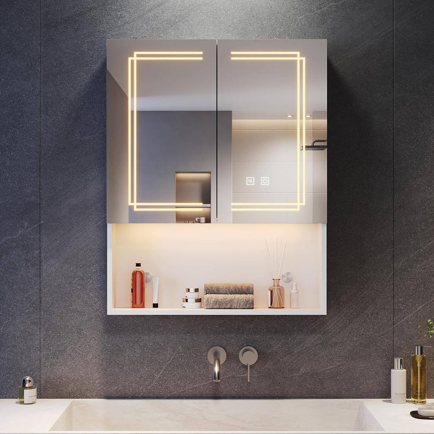 SONNI Armario con espejo con iluminación, 3 colores de luz ajustables y antivaho, 2 puertas, con zona de desarrollo y enchufe, 60 x 75 cm, color blanco