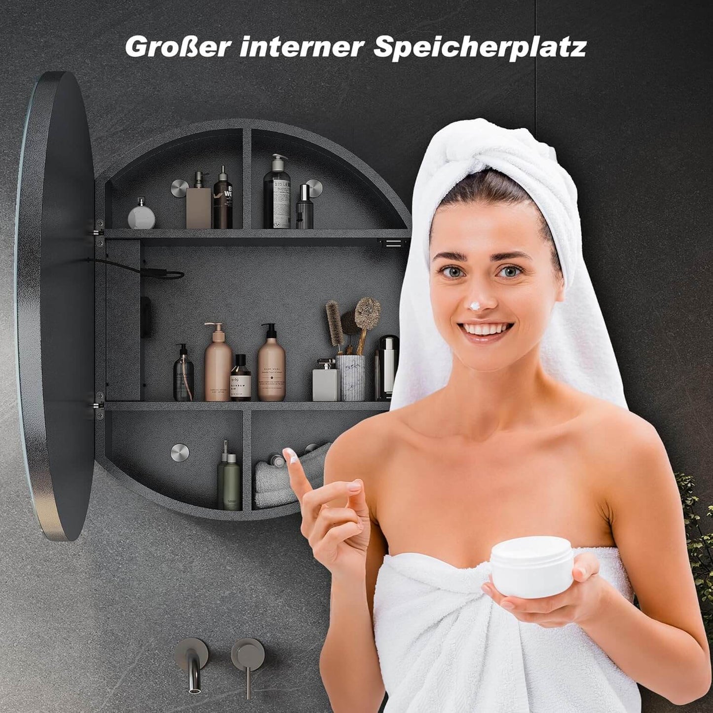 SONNI Armario con espejo de baño con iluminación, 3 colores de luz ajustables, sin vaho, redondo, armario con espejo, armario con enchufe, armario de baño con espejo y estante, 60 cm, color gris