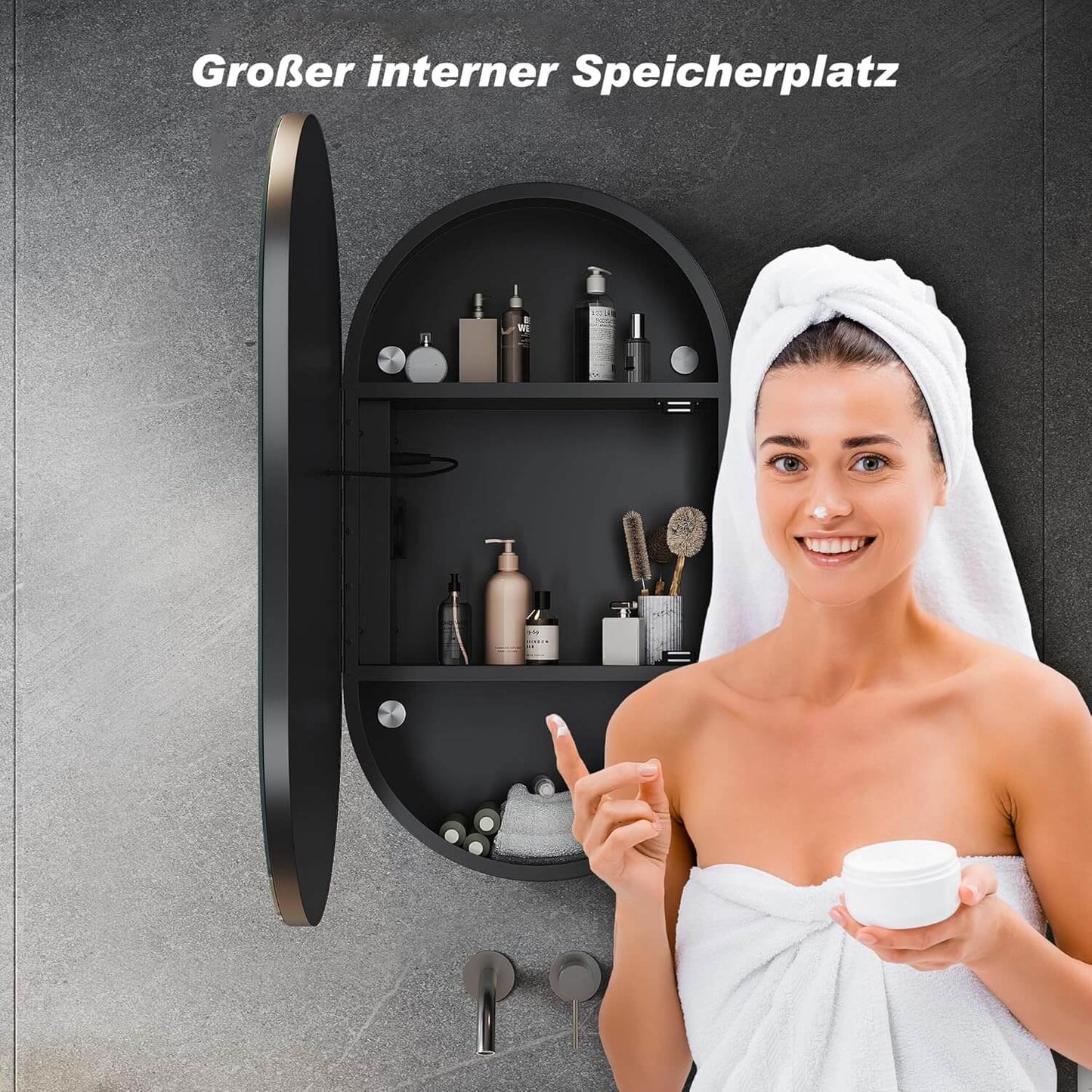 SONNI Armario con espejo para baño con iluminación y enchufe, armario con espejo LED con interruptor táctil, regulable, 3 colores de luz ajustables, sin vaho, ovalado, 40 x 70 cm, negro mate