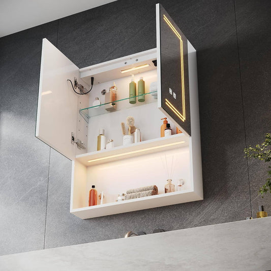 SONNI Armario con espejo con iluminación, 3 colores de luz ajustables y antivaho, 2 puertas, con zona de desarrollo y enchufe, 60 x 75 cm, color blanco